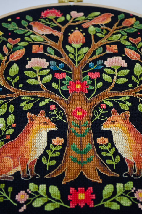 Cross Stitch Kit Forest Fairy Tale Tree, 30x30 cm, 28 Thread Colors, 14 Count Black Canvas, Abris Art