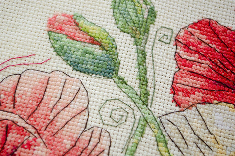 Blooming Poppies Cross Stitch Kit, 30 x 30 cm, Abris Art, 14 Count Ecru Canvas, 37 Thread Colors
