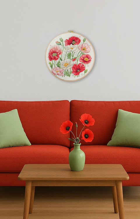 Blooming Poppies Cross Stitch Kit, 30 x 30 cm, Abris Art, 14 Count Ecru Canvas, 37 Thread Colors