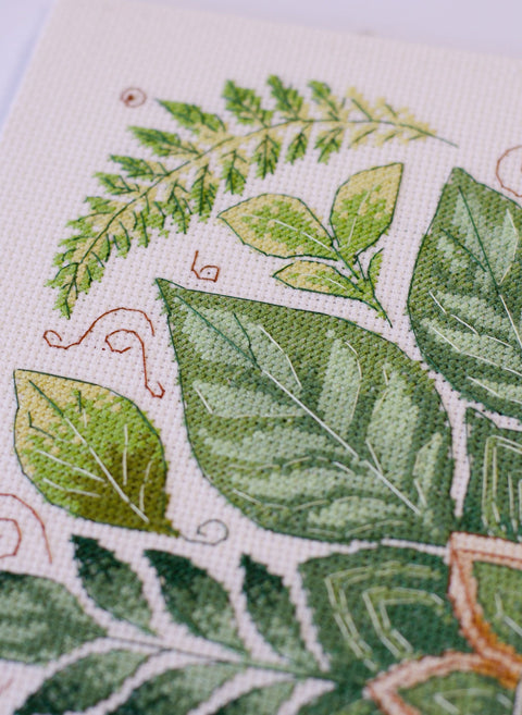 Cross Stitch Kit Leaf Dance, Botanical Design, 30x30 cm, 14 Count Ecru Canvas, 16 Thread Colors, Abris Art