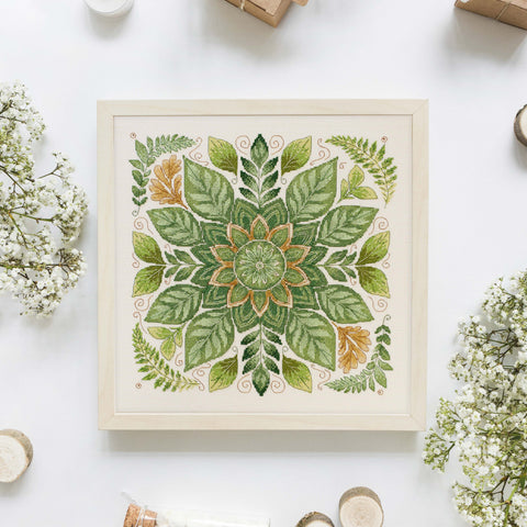 Cross Stitch Kit Leaf Dance, Botanical Design, 30x30 cm, 14 Count Ecru Canvas, 16 Thread Colors, Abris Art