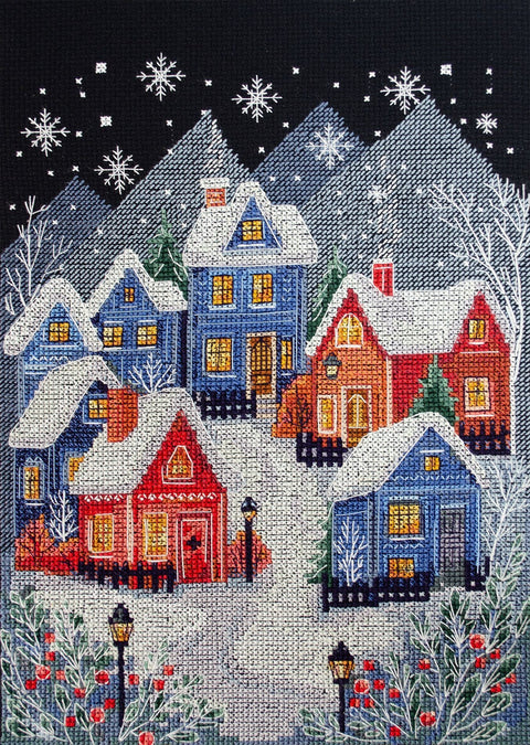Christmas Cross Stitch Kit, 14 Count Black Aida Canvas, 28 Colors, 19x26 cm, Abris Art, Winter Holiday Design