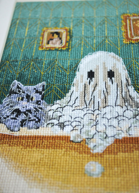 Cross Stitch Embroidery Kit Haunted House Ghost, Abris Art, 34 Colors, White 18 Count Canvas, 15x23 cm Pattern