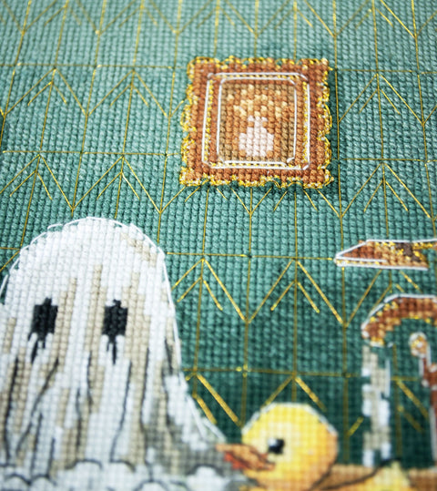 Cross Stitch Embroidery Kit Haunted House Ghost, Abris Art, 34 Colors, White 18 Count Canvas, 15x23 cm Pattern