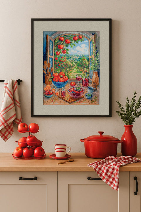 Cross Stitch Kit Apple Orchard Scene, Abris Art, 14 Count White Fabric, 58 Thread Colors, 24x32 cm, Nature Embroidery Project