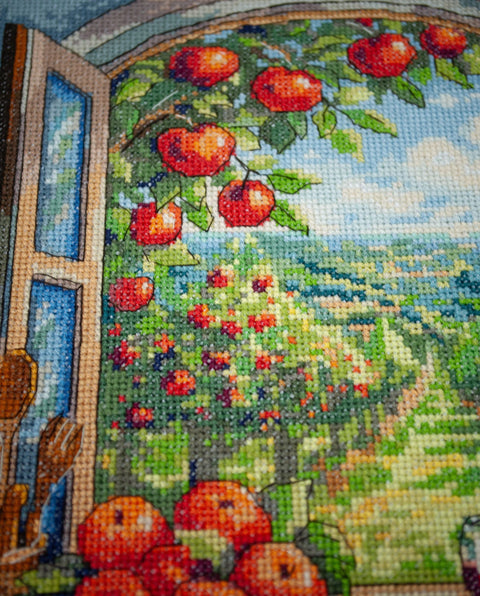 Cross Stitch Kit Apple Orchard Scene, Abris Art, 14 Count White Fabric, 58 Thread Colors, 24x32 cm, Nature Embroidery Project