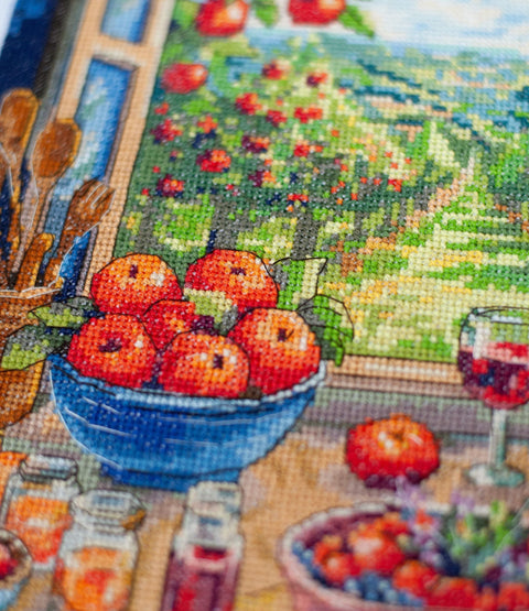 Cross Stitch Kit Apple Orchard Scene, Abris Art, 14 Count White Fabric, 58 Thread Colors, 24x32 cm, Nature Embroidery Project