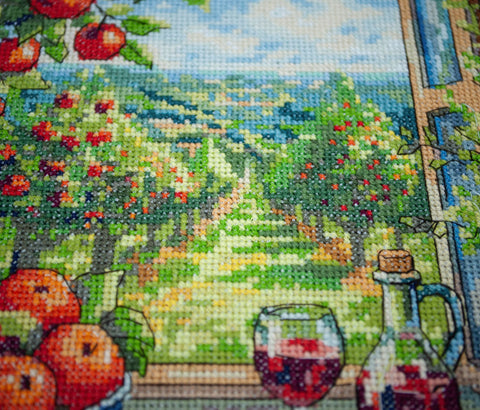 Cross Stitch Kit Apple Orchard Scene, Abris Art, 14 Count White Fabric, 58 Thread Colors, 24x32 cm, Nature Embroidery Project