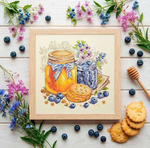 Cross Stitch Embroidery Kit, Summer Still Life, 19x19 cm Abris Art, White Aida 14 ct, 33 Cotton Mouliné Colors