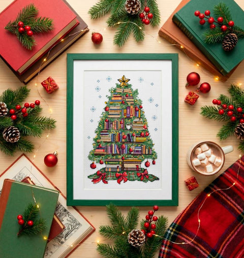 Christmas Cross Stitch Kit, Reading Woman and Tree Design, Abris Art, White 14 ct Aida, 14 x 22 cm, 25 Colors