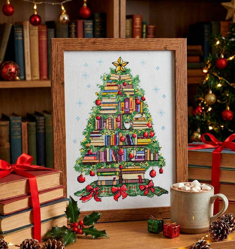Christmas Cross Stitch Kit, Reading Woman and Tree Design, Abris Art, White 14 ct Aida, 14 x 22 cm, 25 Colors