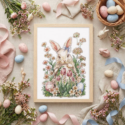 Easter Bunny Cross Stitch Kit with Beads, Abris Art, Zweigart Aida 14ct, 30 Colors, 17x24 cm