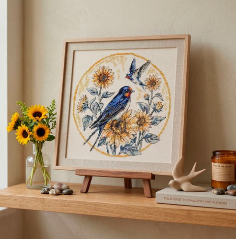 Cross Stitch Kit Swallows Melody, 24x24 cm, Abris Art, Zweigart Aida 14 Count Coffee Fabric, 35-Color Cotton Floss