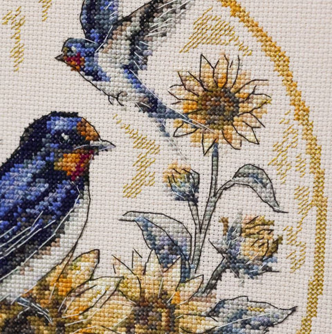 Cross Stitch Kit Swallows Melody, 24x24 cm, Abris Art, Zweigart Aida 14 Count Coffee Fabric, 35-Color Cotton Floss