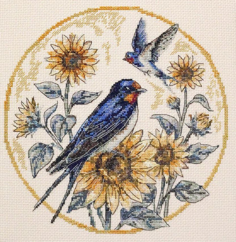 Cross Stitch Kit Swallows Melody, 24x24 cm, Abris Art, Zweigart Aida 14 Count Coffee Fabric, 35-Color Cotton Floss