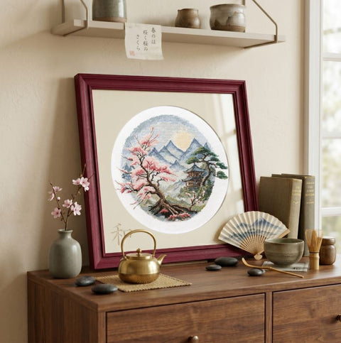 Cross Stitch Kit with Peaceful Nature Landscape, Abris Art, 34 x 28 cm, 14 Count Zweigart Aida, 35-Color Cotton Threads