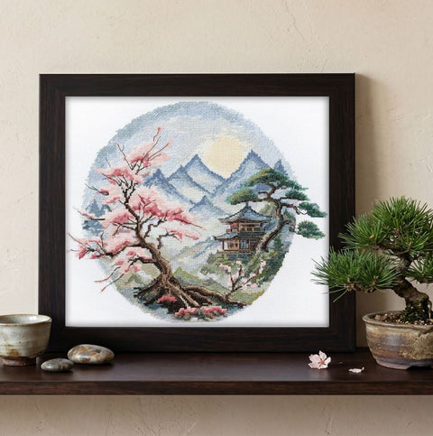Cross Stitch Kit with Peaceful Nature Landscape, Abris Art, 34 x 28 cm, 14 Count Zweigart Aida, 35-Color Cotton Threads
