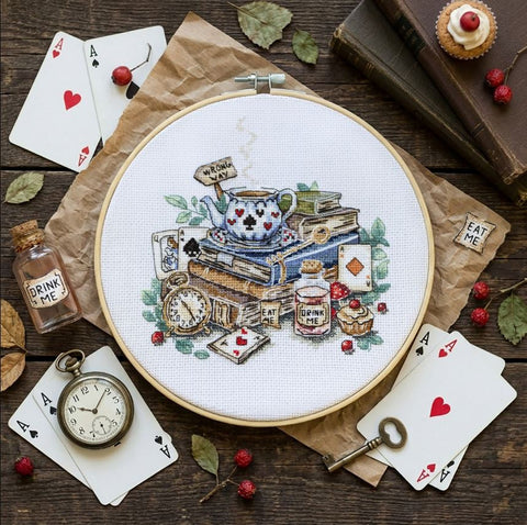 Cross Stitch Kit Mad Tea Party Design, 18 x 17 cm, Abris Art, Zweigart Aida 14 ct, 40-Color Cotton Floss
