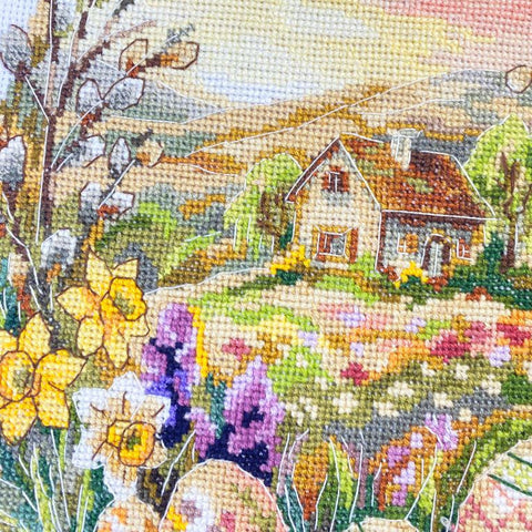 Easter Cross Stitch Kit 17 x 24 cm, Abris Art Easter Miracle, Zweigart Aida 18 ct, 44-Color Cotton Floss