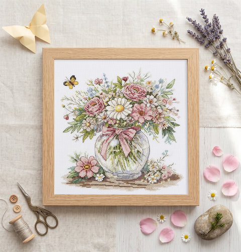 Floral Cross Stitch Kit “Floral Mood” 21×22 cm, Zweigart Aida 14 ct, 36 Colors, Abris Art