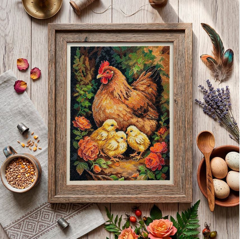 Cross Stitch Kit Chicken in the Yard, Abris Art, 23x30 cm, Zweigart Aida 14 ct, 35-Color Cotton Floss, Animal Design