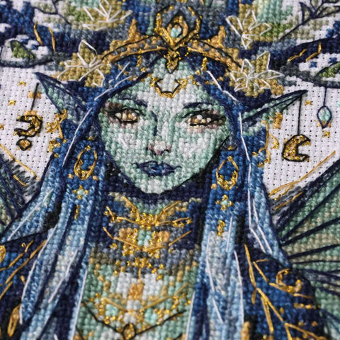 Cross Stitch Embroidery Kit Elf of the Starry Forest, Abris Art, 18 x 17 cm, Zweigart Aida 18 ct, 23 Colors, Gold Metallic Thread