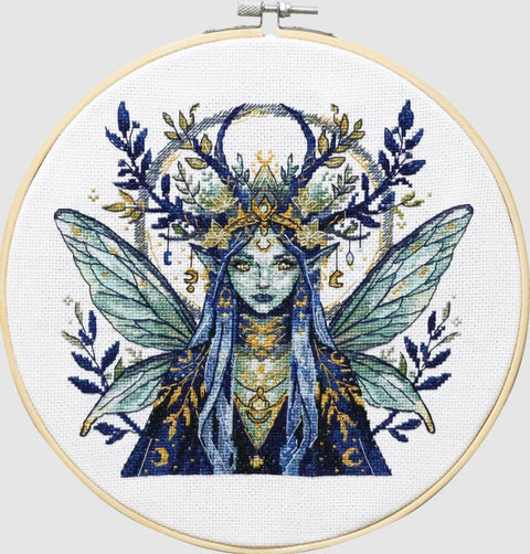 Cross Stitch Embroidery Kit Elf of the Starry Forest, Abris Art, 18 x 17 cm, Zweigart Aida 18 ct, 23 Colors, Gold Metallic Thread