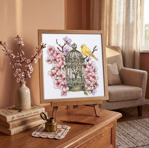 Cross Stitch Kit Canary Song Animal and Floral Design, Abris Art, Zweigart Aida 18 Count, 47 Colors, 22×24 cm
