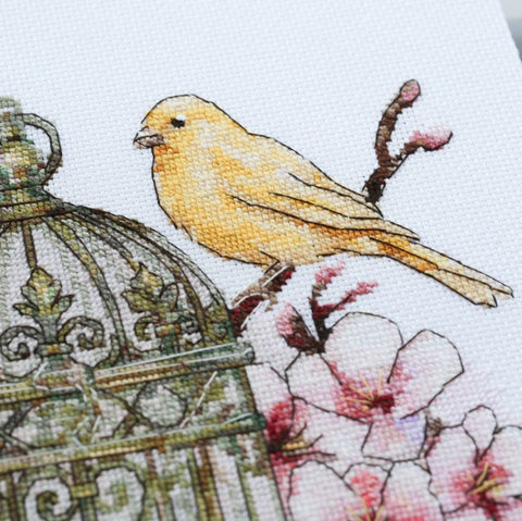 Cross Stitch Kit Canary Song Animal and Floral Design, Abris Art, Zweigart Aida 18 Count, 47 Colors, 22×24 cm