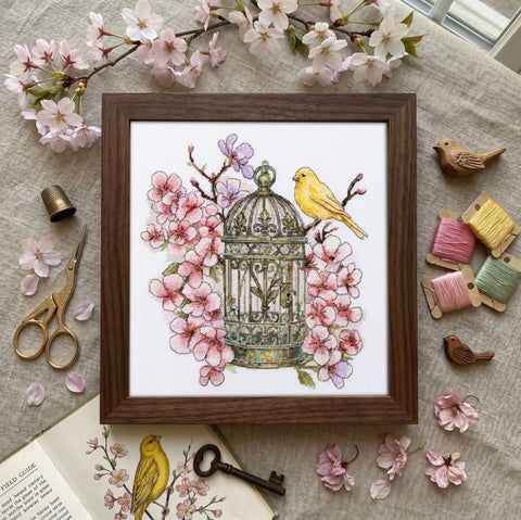 Cross Stitch Kit Canary Song Animal and Floral Design, Abris Art, Zweigart Aida 18 Count, 47 Colors, 22×24 cm