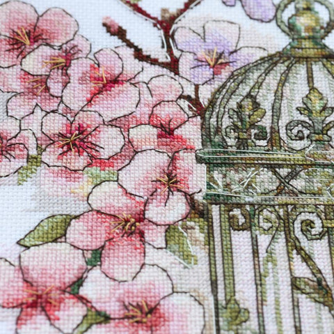 Cross Stitch Kit Canary Song Animal and Floral Design, Abris Art, Zweigart Aida 18 Count, 47 Colors, 22×24 cm