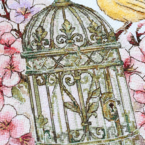Cross Stitch Kit Canary Song Animal and Floral Design, Abris Art, Zweigart Aida 18 Count, 47 Colors, 22×24 cm