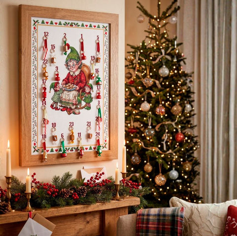 Christmas Cross Stitch Embroidery Kit, Elf Treats Design, 40x60 cm Cotton Canvas, 37-Color Cotton Floss, Abris Art