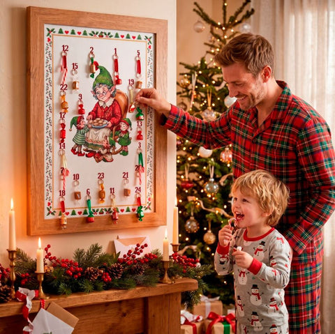 Christmas Cross Stitch Embroidery Kit, Elf Treats Design, 40x60 cm Cotton Canvas, 37-Color Cotton Floss, Abris Art