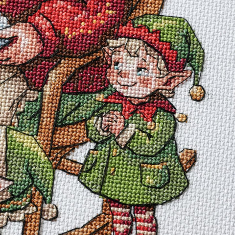 Christmas Cross Stitch Embroidery Kit, Elf Treats Design, 40x60 cm Cotton Canvas, 37-Color Cotton Floss, Abris Art