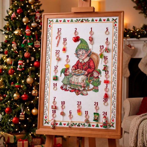 Christmas Cross Stitch Embroidery Kit, Elf Treats Design, 40x60 cm Cotton Canvas, 37-Color Cotton Floss, Abris Art