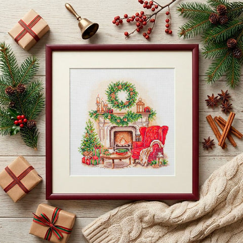 Christmas Cross Stitch Kit “Cozy Winter,” 18×19 cm, Zweigart Aida 14 ct, 27-Color Cotton Threads, Abris Art