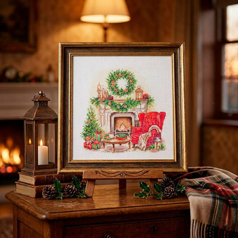 Christmas Cross Stitch Kit “Cozy Winter,” 18×19 cm, Zweigart Aida 14 ct, 27-Color Cotton Threads, Abris Art