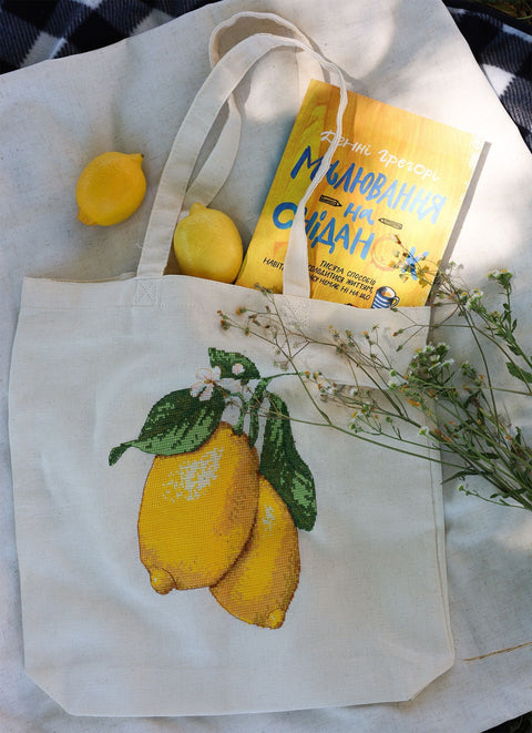 Embroidery Kit Shopper Bag, Cross Stitch Design in Yellow Tones, Abris Art, 38 x 42 cm, 14-Color Floss Set