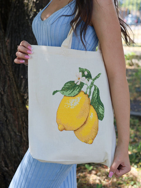 Embroidery Kit Shopper Bag, Cross Stitch Design in Yellow Tones, Abris Art, 38 x 42 cm, 14-Color Floss Set