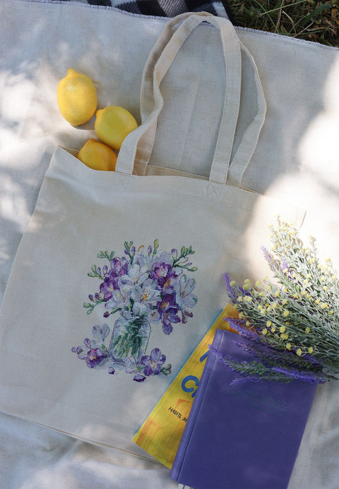 Cross Stitch Embroidery Kit for Shopper Tote Bag, Spring Design, Abris Art, 38 x 42 cm, 31-Color Thread Set