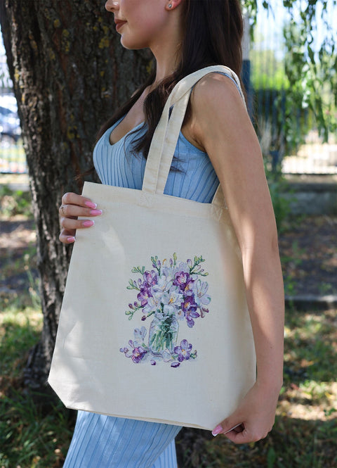 Cross Stitch Embroidery Kit for Shopper Tote Bag, Spring Design, Abris Art, 38 x 42 cm, 31-Color Thread Set