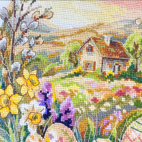 Easter Cross Stitch Kit with Blooming Egg Motif, 95 x 33 cm Towel, Zweigart Aida 18 ct, 44-Color Threads, Abris Art