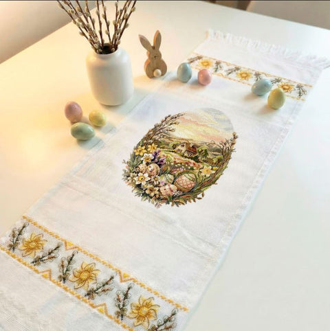 Easter Cross Stitch Kit with Blooming Egg Motif, 95 x 33 cm Towel, Zweigart Aida 18 ct, 44-Color Threads, Abris Art