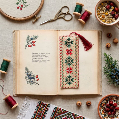 Floral Cross Stitch Bookmark Kit, Aida 14 Count Coffee Fabric, 7-Color Cotton Thread, Abris Art, 6.5 x 18 cm