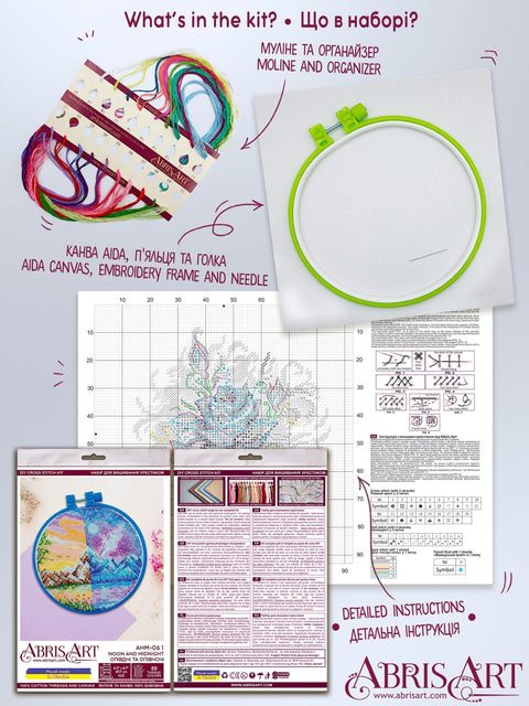 Cross Stitch Kit with Hoop, Midday and Midnight Design, Abris Art, 14 Count Blue Canvas, 17 x 17 cm, Beads Included