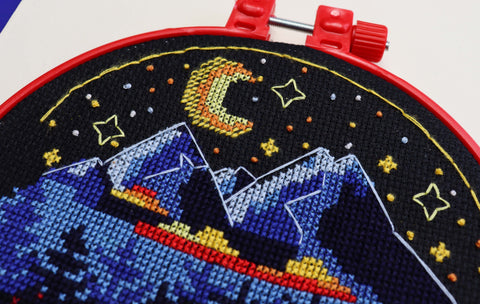 Cross Stitch Kit with Hoop, Campfire Design, Abris Art, 17 x 17 cm, Black Canvas, 12-Color Embroidery Floss