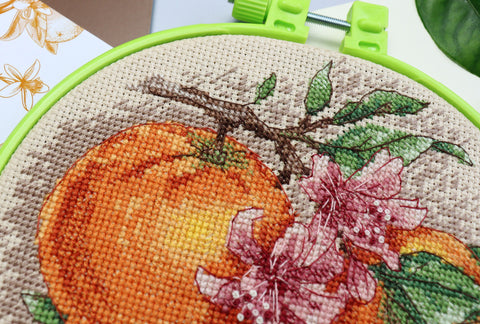 Cross Stitch Kit with Hoop, Citrus Fruits Design, 17 x 17 cm, Abris Art, Cotton Canvas, 17-Color Floss, Kitchen Decor