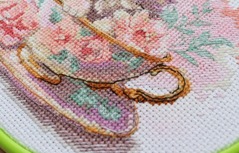 Cat Tea Party Cross Stitch Kit with Hoop, Abris Art, 14 Count Canvas, 17 x 17 cm, 19 Colors, Beginner Embroidery Kit
