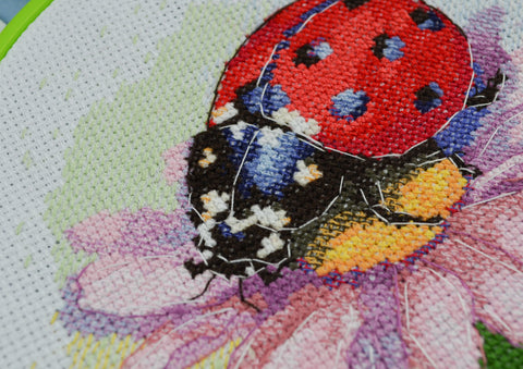 Cross Stitch Kit with Embroidery Hoop Sunny Bedryk, 17x17 cm, White 14-Count Canvas, 19 Thread Colors, Abris Art